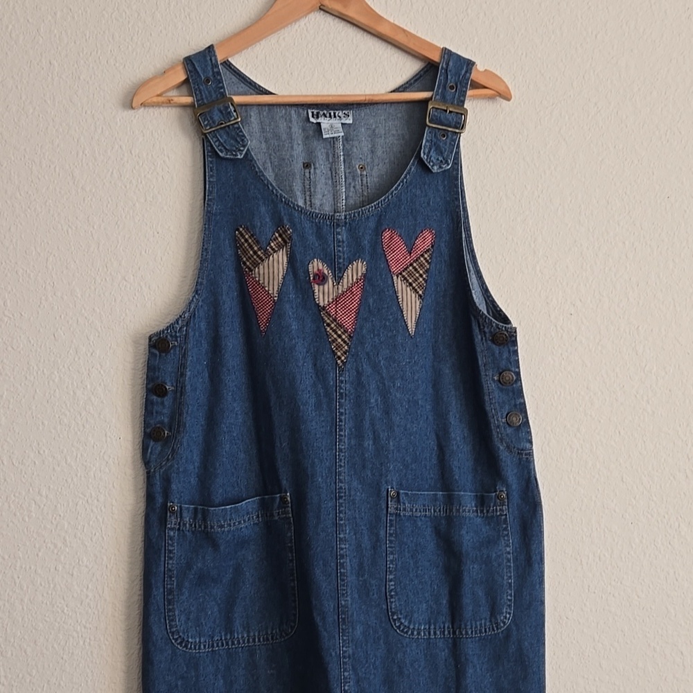 Vintage Denim Jumper Dress with Patchwork Heart Accents And Two Side Slits - Picture 2 of 10